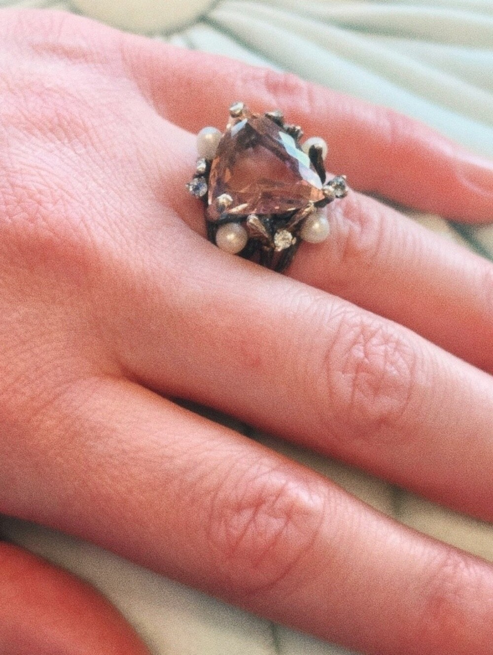 Artisan Trillion-Cut Stone & Pearls Sterling Silver Coctail Ring